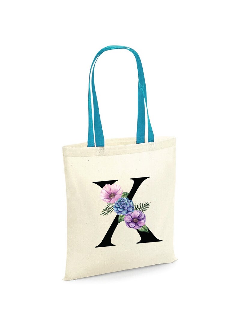 PRINTSHOP4ME Initial Letters Canvas Cotton Tote Bag With Blue Handle-Ideal Gifts For Bridesmaids-Party Bag  - Image 1