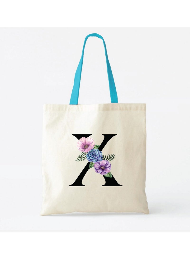 PRINTSHOP4ME Initial Letters Canvas Cotton Tote Bag With Blue Handle-Ideal Gifts For Bridesmaids-Party Bag  - Image 2
