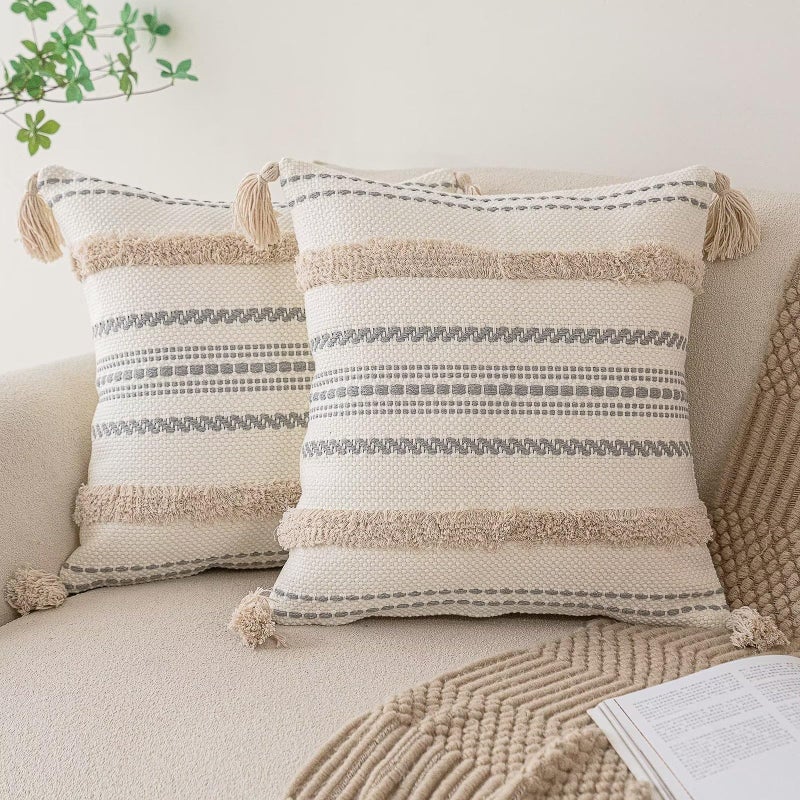 BUIOVBEY Boho Throw Pillow Covers 18x18 Set of 2 Woven Tufted Farmhouse Pillows Cover with Tassels Textured Striped Cushion Case Neutral Pillow Cases Decorative Pillowcase for Sofa  Couch  Bed  Khaki - Image 1