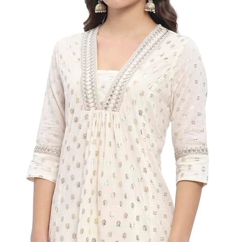 BIBA Women's Off White Cotton Gathered Kurta Sets_34 - Image 5
