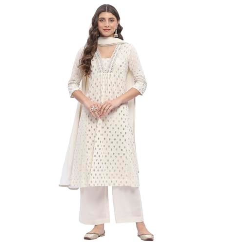 BIBA Women's Off White Cotton Gathered Kurta Sets_34 - Image 1