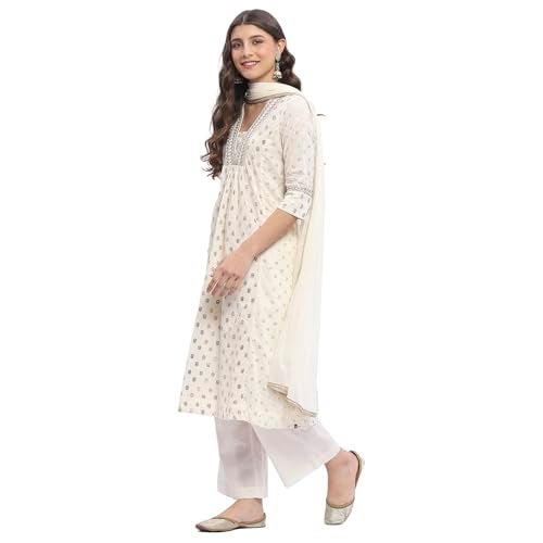 BIBA Women's Off White Cotton Gathered Kurta Sets_34 - Image 2