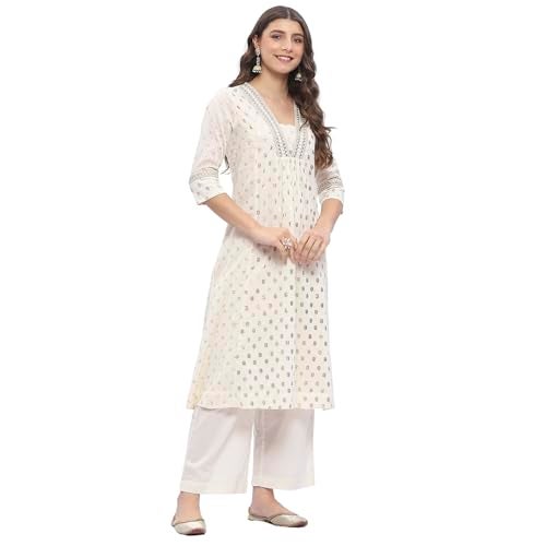 BIBA Women's Off White Cotton Gathered Kurta Sets_34 - Image 3