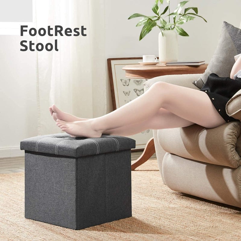 ELECDON 15 inches Storage Ottoman Cube, Foldable Storage Boxes Footrest Step Stool, Padded Seat for Dorm Living Room, Support 350lbs, Line Fabric (Grey) - Image 5