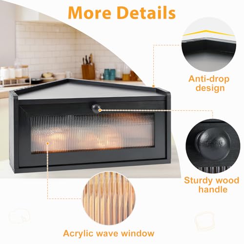 Sunhoo Bread Box for Kitchen Countertop Wooden Corner Breadbox Counter Food Storage Bin Container Farmhouse Rustic Homemade Bread Fresh Keeper Organizer Holder Vintage Stackable with Window (Black) - Image 3