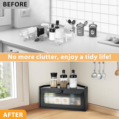 Sunhoo Bread Box for Kitchen Countertop Wooden Corner Breadbox Counter Food Storage Bin Container Farmhouse Rustic Homemade Bread Fresh Keeper Organizer Holder Vintage Stackable with Window (Black) - Image 5