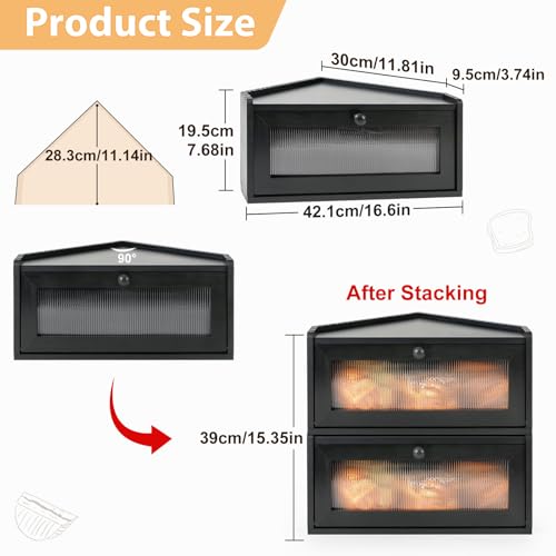 Sunhoo Bread Box for Kitchen Countertop Wooden Corner Breadbox Counter Food Storage Bin Container Farmhouse Rustic Homemade Bread Fresh Keeper Organizer Holder Vintage Stackable with Window (Black) - Image 4