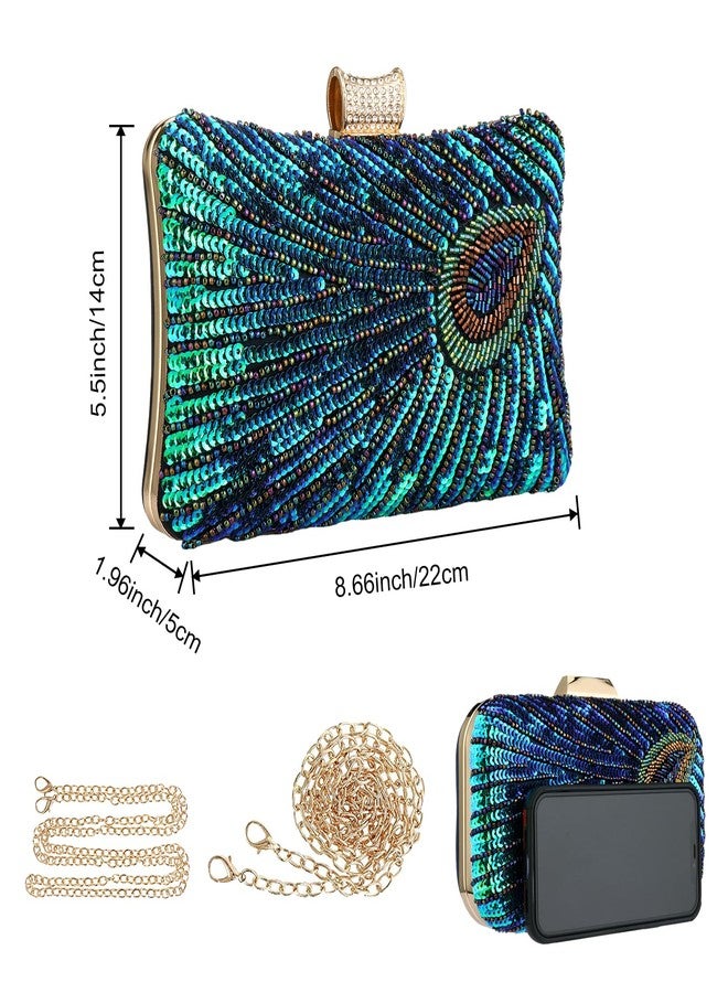 Rkrouco Peacock Evening Bags Clutch Purse for Women Bead Sequins Vintage Purses Crossbody Handbags with Detachable Chains(Green3) - Image 4