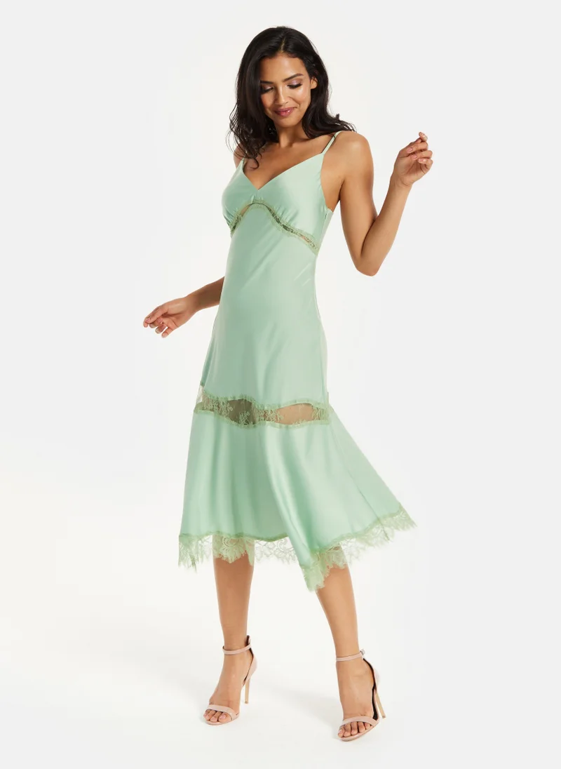Liquorish Fine Lace Detail Strip Midi Dress Green