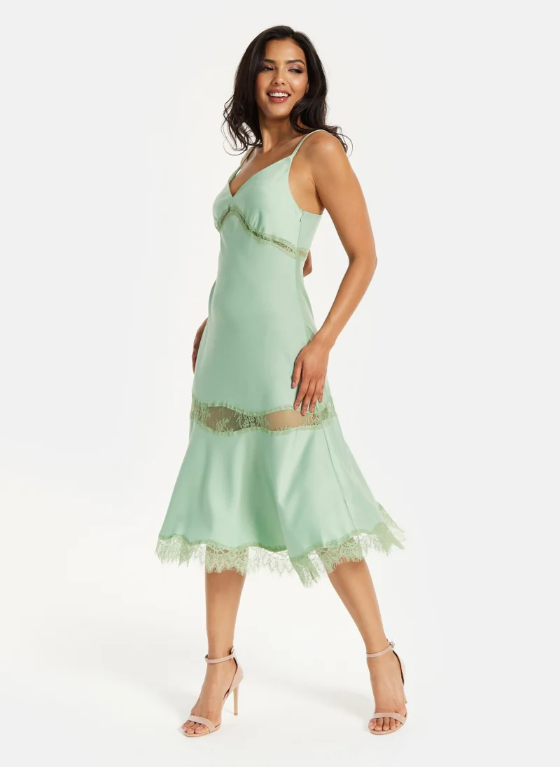 Liquorish Fine Lace Detail Strip Midi Dress Green