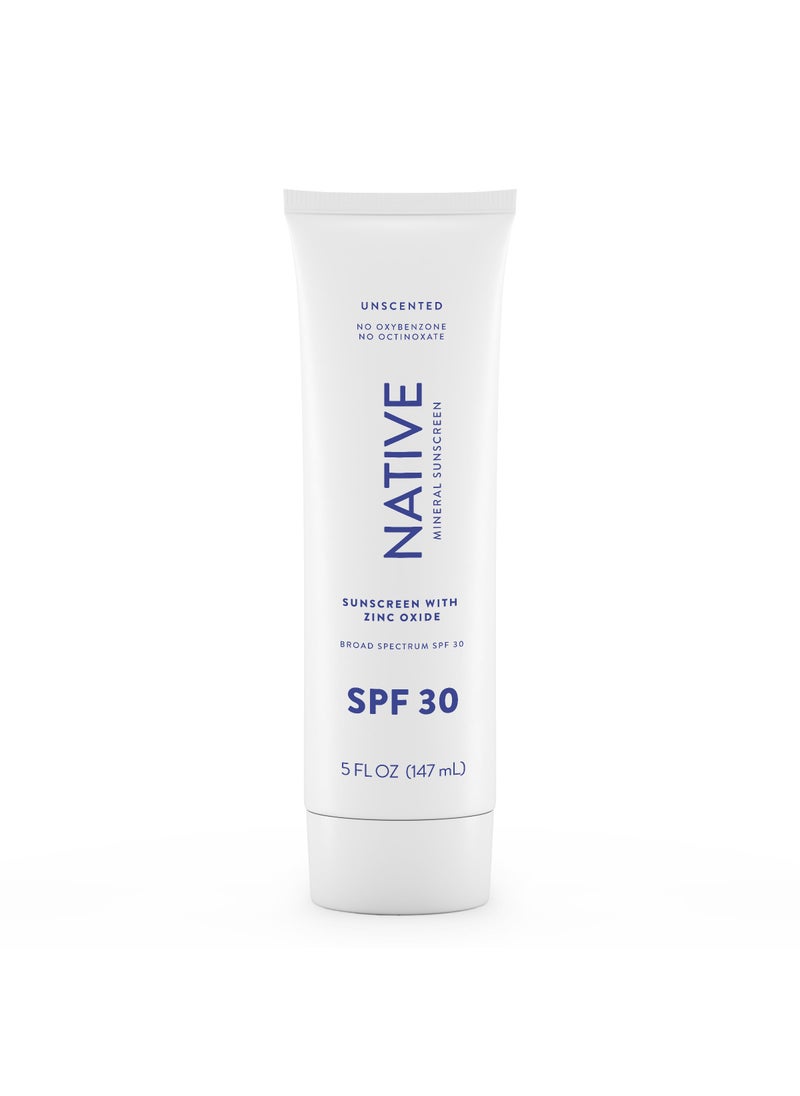 native Native Sunscreen SPF 30, Zinc Oxide Dermatologist Tested Suitable for Sensitive Skin & Hawaii Compliant, 5 Ounces | Unscented Sun Protection Lotion, Lightweight & Smooth 