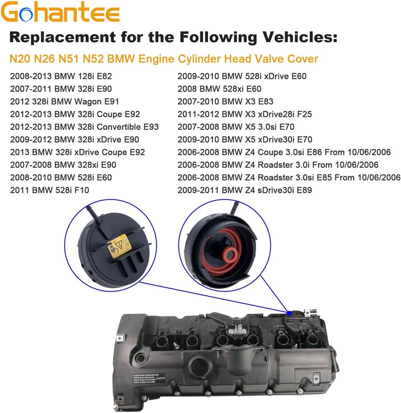 gohantee غطاء صمام رأس أسطوانة المحرك PCV من gohantee، معدن أسود، بديل مباشر لمحركات BMW N20 N26 N51 N52، سيارات BMW E82 E90 E70 Z4 X3 X5 128i 328i 528i (2006-2013) - 11127552281 وزن معتدل - Image 2
