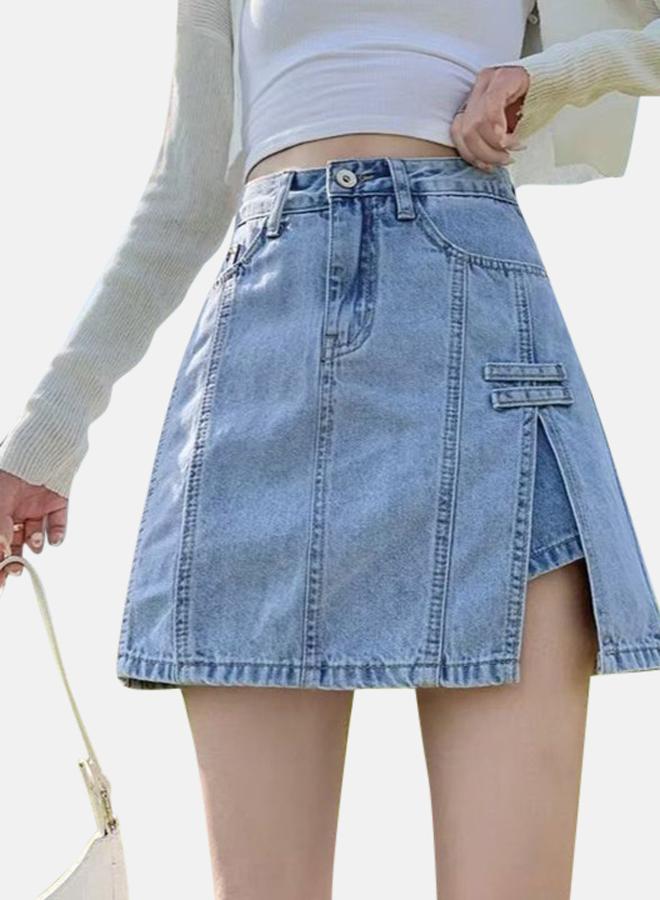 يونيكي تنورة جينز قصيرة بخط  باللون الأزرق - Image 1