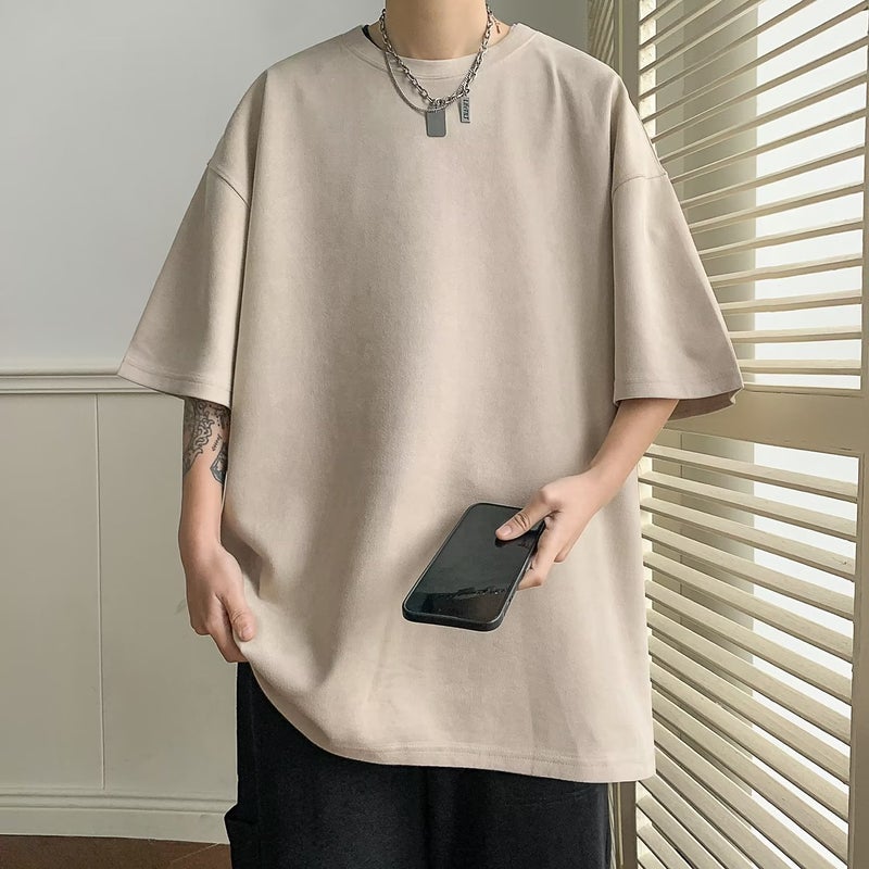 Light Grey Suede Half-sleeve T-shirt Men's American Style Trendy Retro Short-sleeve Solid Color Basic Half-sleeve T-shirt - Image 3