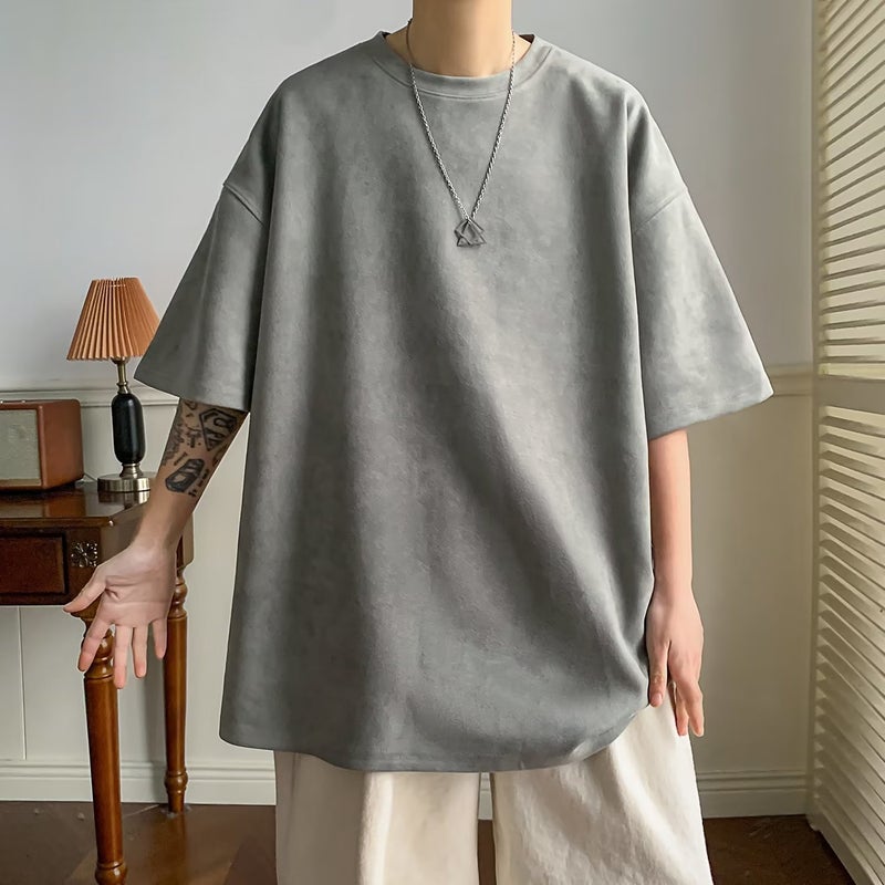 Light Grey Suede Half-sleeve T-shirt Men's American Style Trendy Retro Short-sleeve Solid Color Basic Half-sleeve T-shirt - Image 2