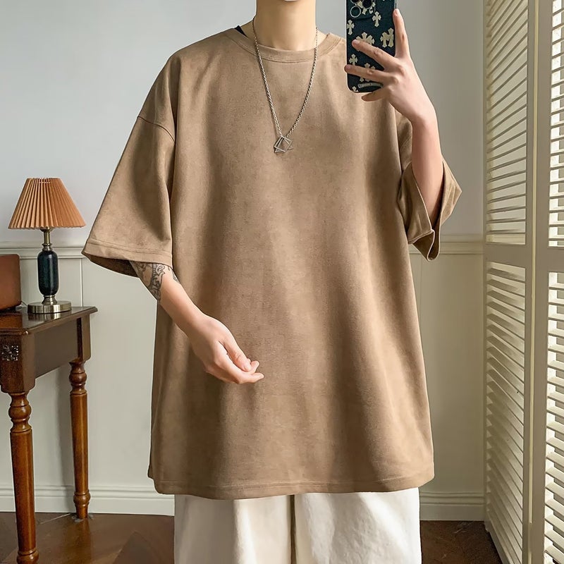 Light Grey Suede Half-sleeve T-shirt Men's American Style Trendy Retro Short-sleeve Solid Color Basic Half-sleeve T-shirt - Image 5
