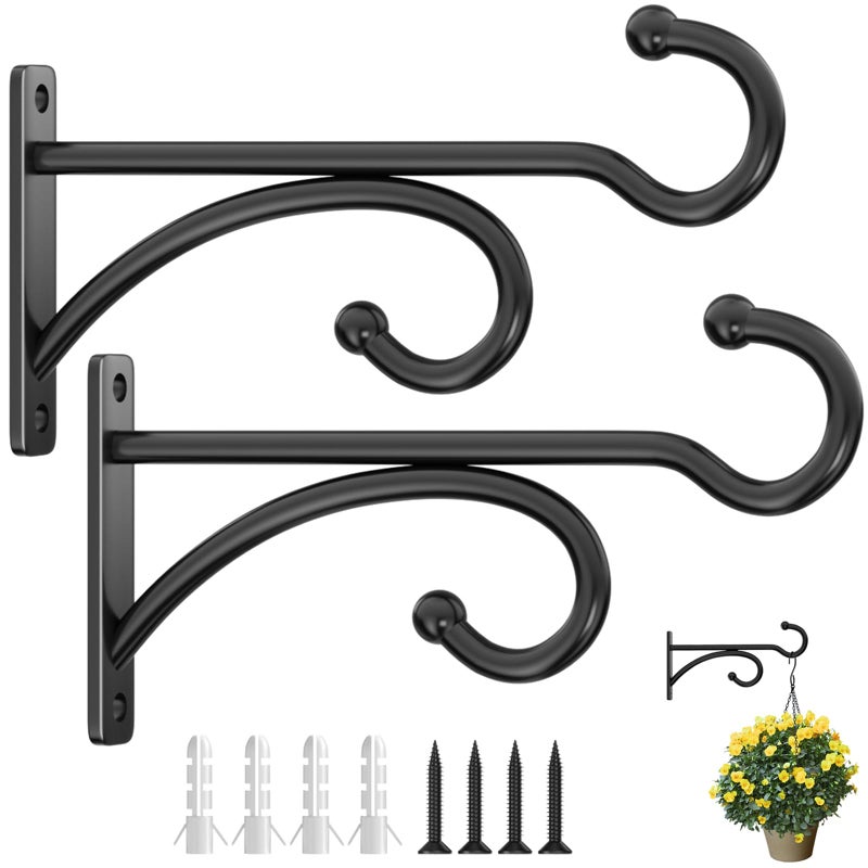 pickpiff 6" Plant Hanger Hooks Outdoor Indoor Planter Hooks, Wall Mounts for Hanging Plants, Baskets, Wind Chimes, Bird Feeders, Lanterns, Bird Houses (Black Metal, 2-Pack) - Image 1
