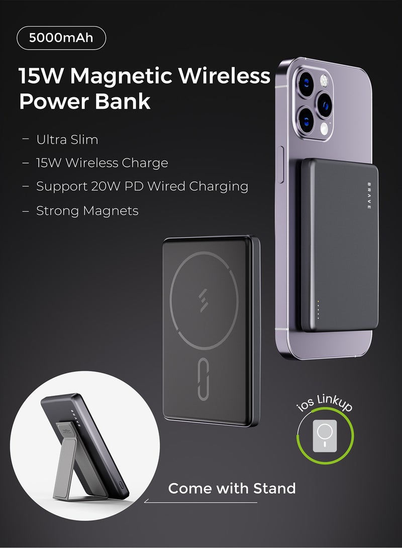 Brave Magnetic 5,000mAh Power Bank with Stand, Compact & Super Slim Wireless Portable Charger, 20W Fast Charging, USB-C, MagSafe-Compatible for iPhone 16 Pro/Max/Plus, 15/14/13/12 Series, Samsung Galaxy S24/23/22 & More - Portable, Fast, Efficient Charging Solution - Image 2