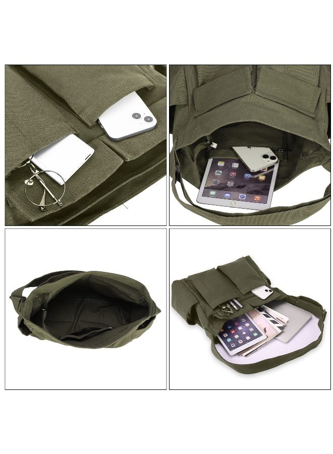SYOSI Canvas Shoulder Tote Bag with Multiple Pockets Large Hobo Crossbody Bag Simple Canvas Messenger Bag Crossbody Handbag Casual Canvas Tote Bag for Women and Men, Army Green - Image 5