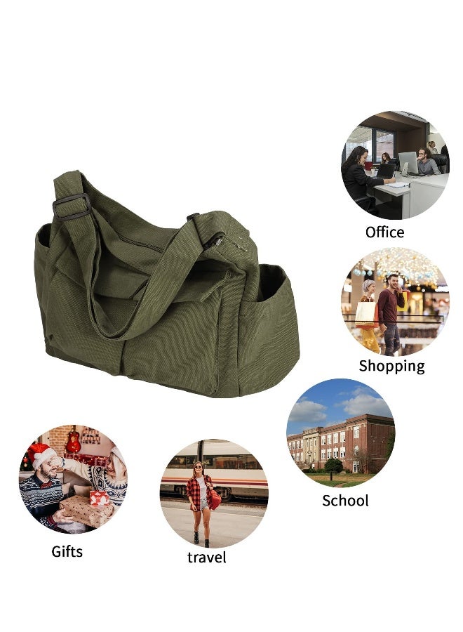 SYOSI Canvas Shoulder Tote Bag with Multiple Pockets Large Hobo Crossbody Bag Simple Canvas Messenger Bag Crossbody Handbag Casual Canvas Tote Bag for Women and Men, Army Green - Image 4