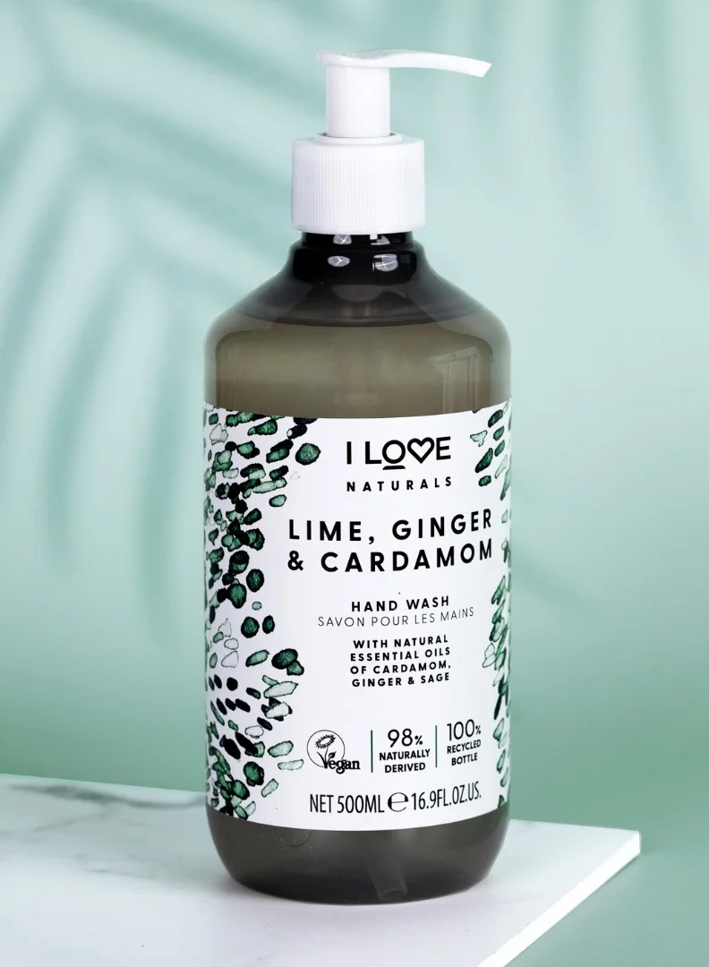 I LOVE Naturals Lime, Ginger & Cardamon Hand Wash, Natural Oils Of Cardamon, Ginger & Sage, Gently Removes Impurities, Refreshing & Cleansing Formula, 100% Recycled Bottle & Vegan-Friendly - 500ml