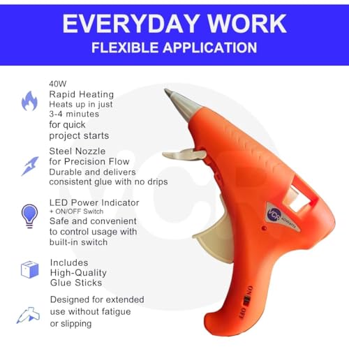 VCR 40W Hot Melt Glue Gun for Crafting & DIY Purpose - 40 Watts - ON/Off Switch for Precise Glue Output - Easy To Use Dark Orange Glue Gun + 5 Transparent - 7mm Glue Sticks - VCR 40 Mini - Image 4