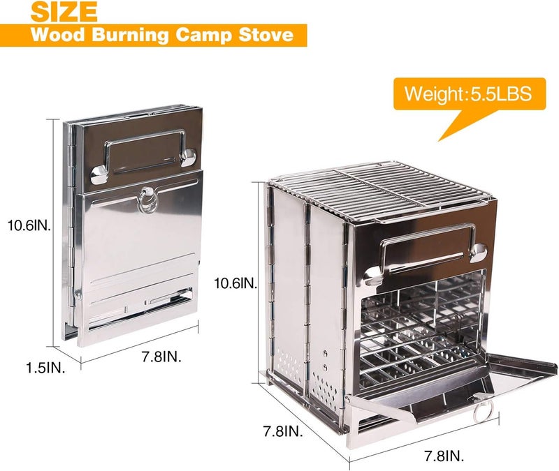 CAMPMAX Large Portable Folding Camping Wood Stove for Outdoor Cooking, Sturdy Lightweight 304 Stainless Steel Wood Burning Camp Stove with Grill for Backpacking BBQ Silver - Image 2