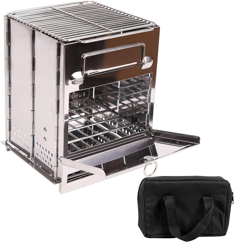 CAMPMAX Large Portable Folding Camping Wood Stove for Outdoor Cooking, Sturdy Lightweight 304 Stainless Steel Wood Burning Camp Stove with Grill for Backpacking BBQ Silver - Image 1