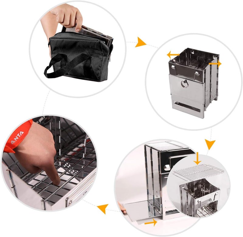 CAMPMAX Large Portable Folding Camping Wood Stove for Outdoor Cooking, Sturdy Lightweight 304 Stainless Steel Wood Burning Camp Stove with Grill for Backpacking BBQ Silver - Image 3