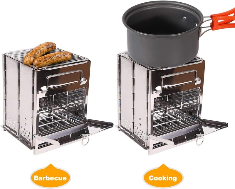 CAMPMAX Large Portable Folding Camping Wood Stove for Outdoor Cooking, Sturdy Lightweight 304 Stainless Steel Wood Burning Camp Stove with Grill for Backpacking BBQ Silver - Image 5