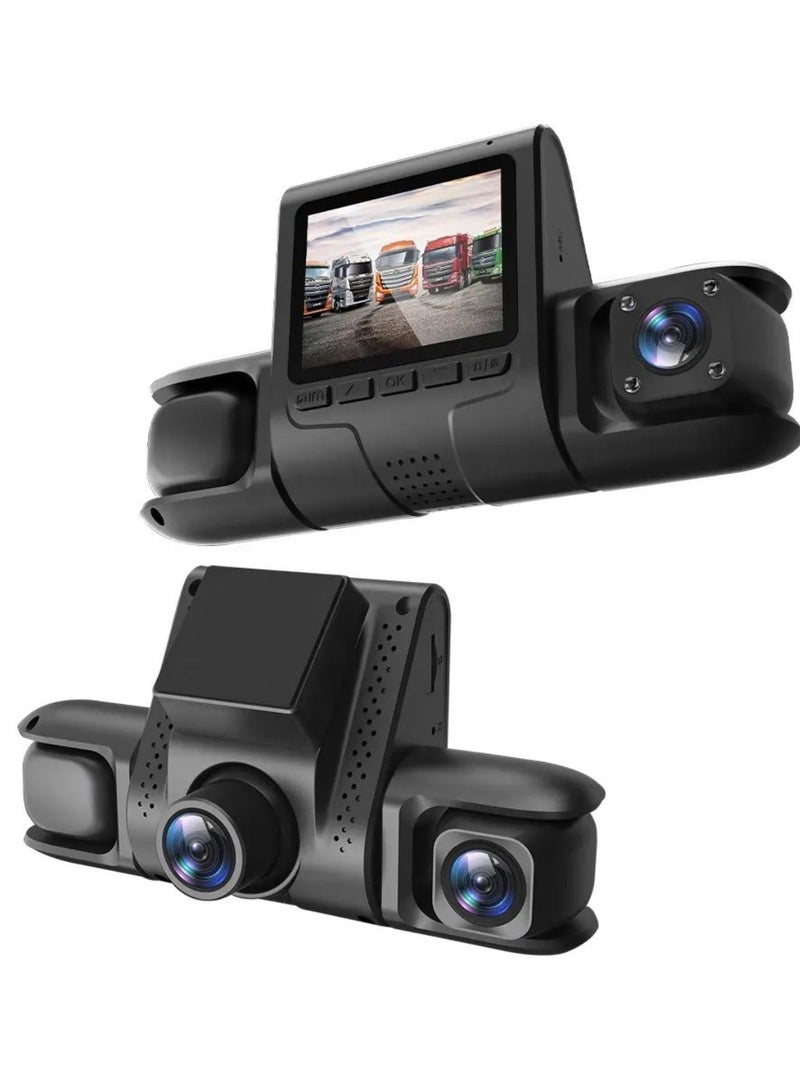 دينكس كاميرا داش 4 قنوات، دقة 1080 بكسل عالية الوضوح، تسجيل أمامي/داخلي/جانبي، زاوية رؤية 170 درجة، شاشة مدمجة، باللون الأسود - Image 1