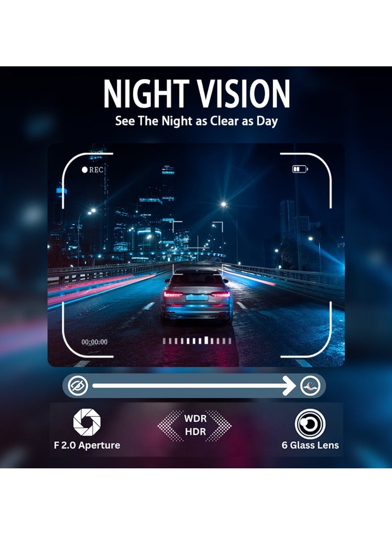 دينكس كاميرا داش 4 قنوات، دقة 1080 بكسل عالية الوضوح، تسجيل أمامي/داخلي/جانبي، زاوية رؤية 170 درجة، شاشة مدمجة، باللون الأسود - Image 3