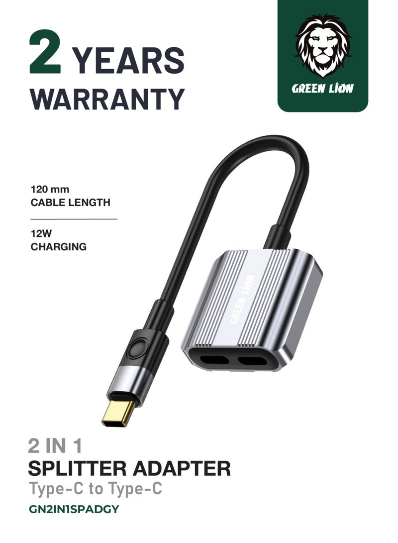 GREEN LION 2 In 1 Splitter Adapter Type-C to Dual Type-C 12W Charging / Aluminum Alloy Shell and TPE Wire / Good Heat Dissipation / Plug and Play / Call / Music / Charging / Remote Control / 12cm Cable Length - Grey - Image 1