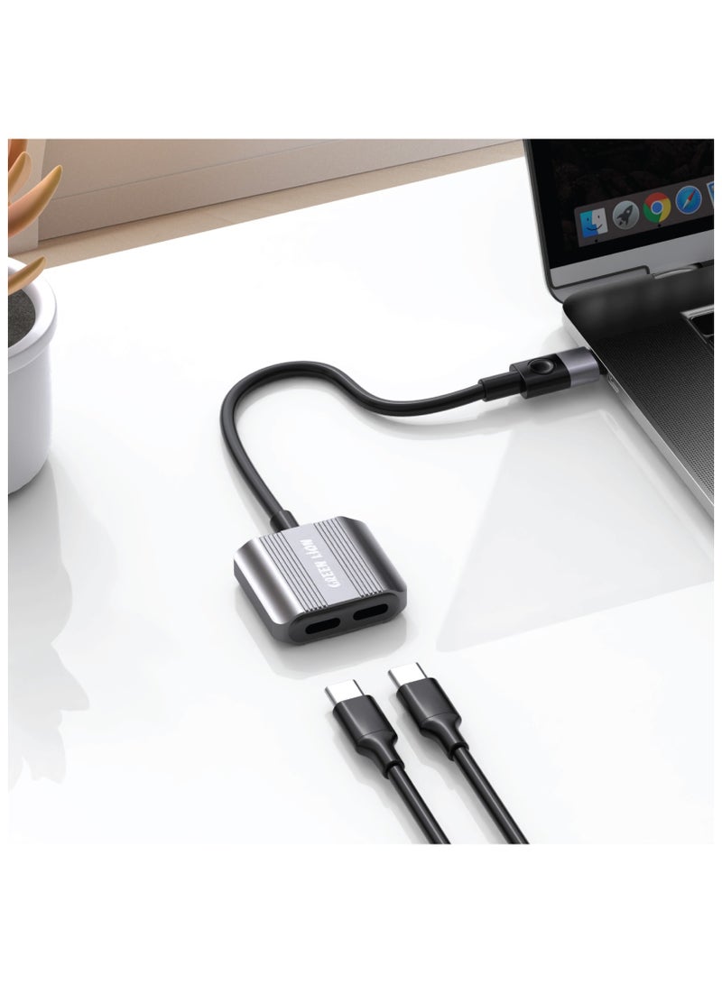 GREEN LION 2 In 1 Splitter Adapter Type-C to Dual Type-C 12W Charging / Aluminum Alloy Shell and TPE Wire / Good Heat Dissipation / Plug and Play / Call / Music / Charging / Remote Control / 12cm Cable Length - Grey - Image 2