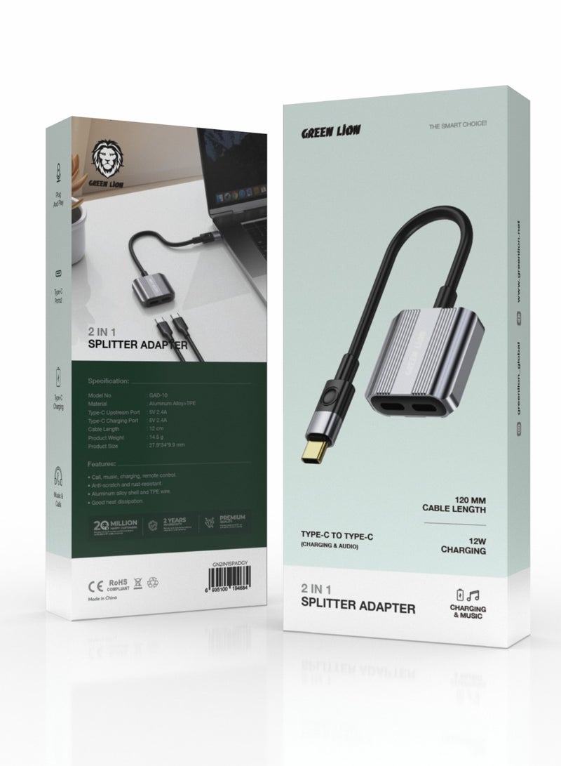 GREEN LION 2 In 1 Splitter Adapter Type-C to Dual Type-C 12W Charging / Aluminum Alloy Shell and TPE Wire / Good Heat Dissipation / Plug and Play / Call / Music / Charging / Remote Control / 12cm Cable Length - Grey - Image 3