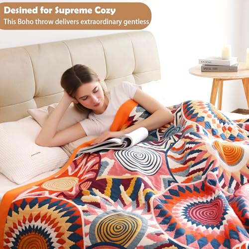 VANJOROY Boho Throw Blanket, 100% Organic Muslin Cotton Skin-friendly Breathable Ultra Soft Bed Quilt Throw - All Season Bohemian Decor Luxury Colorful Blanket for Sofa Couch Chair and Gift. 60" x 80" - Image 3
