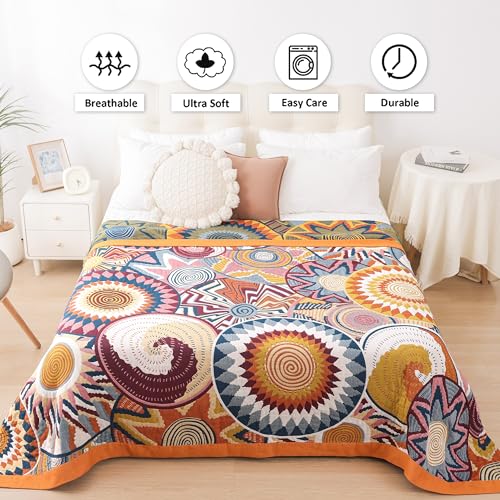 VANJOROY Boho Throw Blanket, 100% Organic Muslin Cotton Skin-friendly Breathable Ultra Soft Bed Quilt Throw - All Season Bohemian Decor Luxury Colorful Blanket for Sofa Couch Chair and Gift. 60" x 80" - Image 4