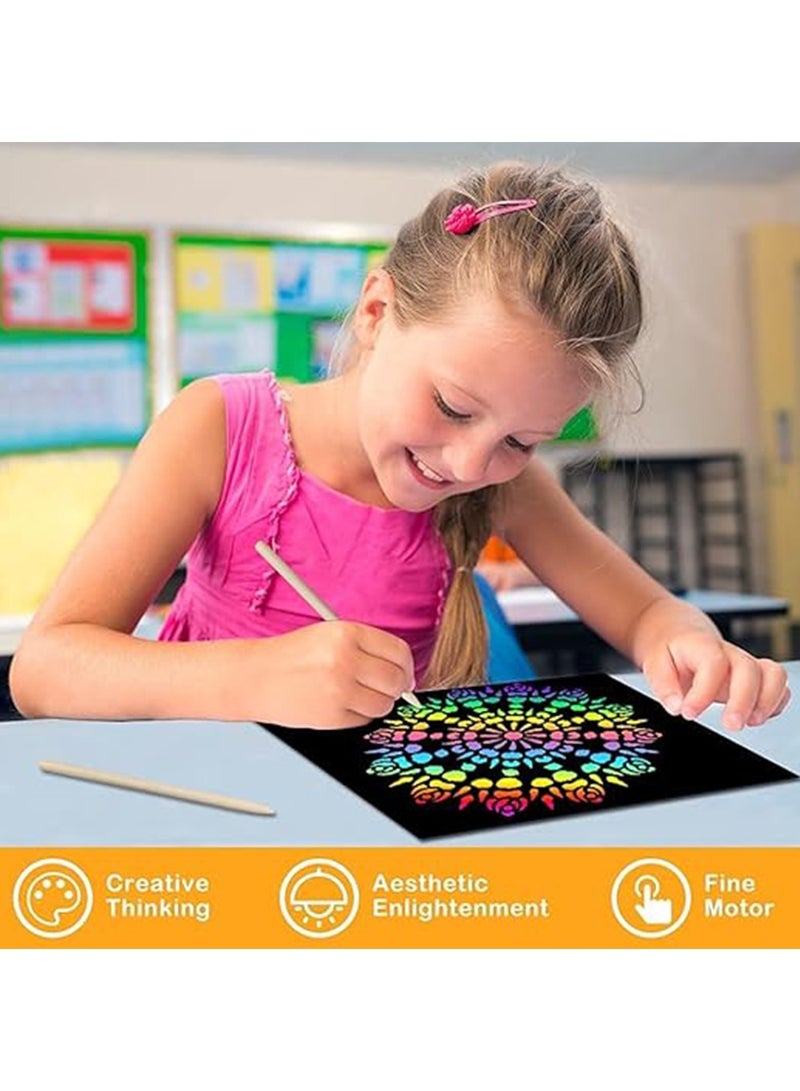 Scratch Paper Art Set,Rainbow Scratch Pape,Children Art Crafts Set Kit Supplies Toys Black Scratch Sheets Notes Cards for Boys Girls Birthday Party (10x Paperwith + 11x nature wooden styluses + 4 shaped rulers) - Image 3