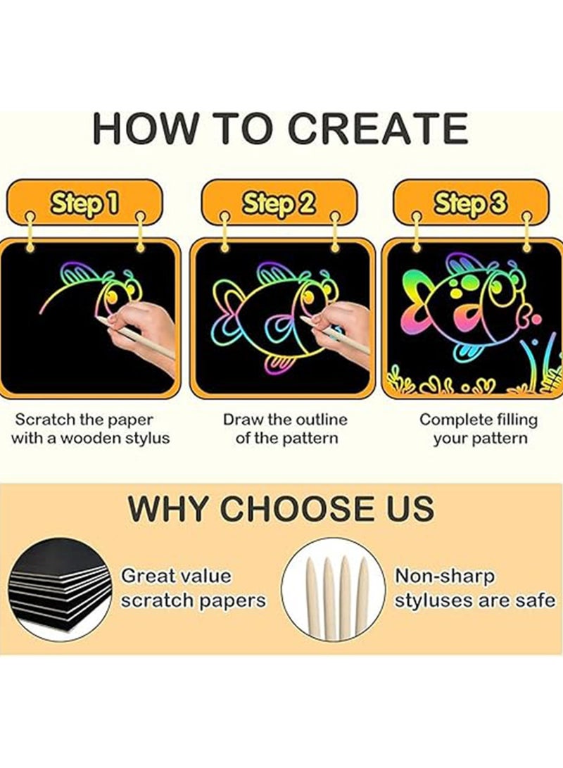 Scratch Paper Art Set,Rainbow Scratch Pape,Children Art Crafts Set Kit Supplies Toys Black Scratch Sheets Notes Cards for Boys Girls Birthday Party (10x Paperwith + 11x nature wooden styluses + 4 shaped rulers) - Image 5