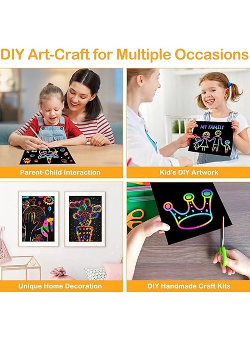 Scratch Paper Art Set,Rainbow Scratch Pape,Children Art Crafts Set Kit Supplies Toys Black Scratch Sheets Notes Cards for Boys Girls Birthday Party (10x Paperwith + 11x nature wooden styluses + 4 shaped rulers) - Image 4