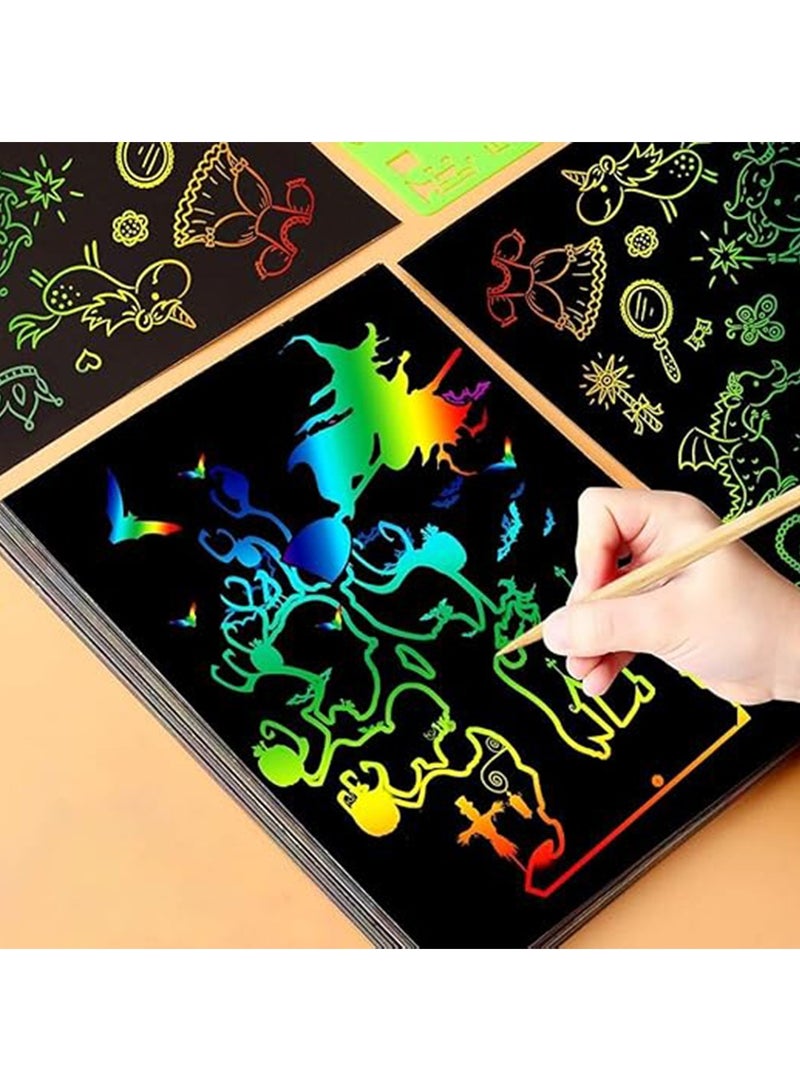 Scratch Paper Art Set,Rainbow Scratch Pape,Children Art Crafts Set Kit Supplies Toys Black Scratch Sheets Notes Cards for Boys Girls Birthday Party (10x Paperwith + 11x nature wooden styluses + 4 shaped rulers) - Image 2