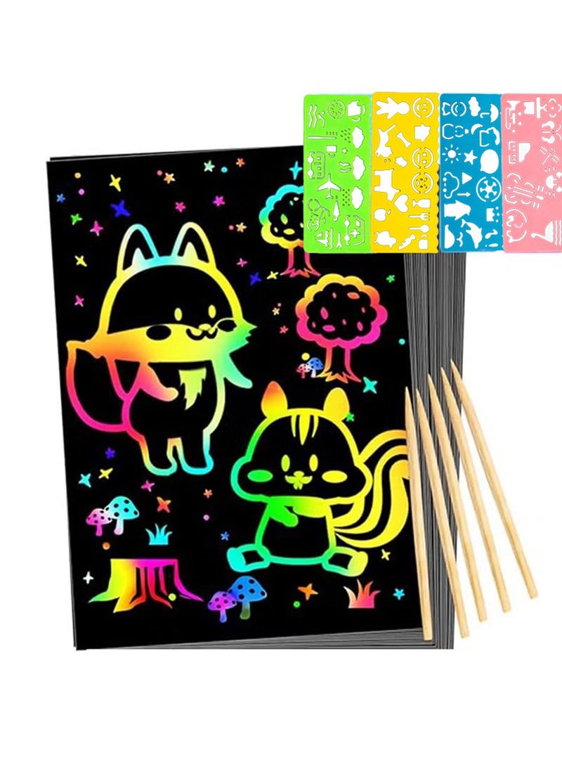 Scratch Paper Art Set,Rainbow Scratch Pape,Children Art Crafts Set Kit Supplies Toys Black Scratch Sheets Notes Cards for Boys Girls Birthday Party (10x Paperwith + 11x nature wooden styluses + 4 shaped rulers) - Image 1