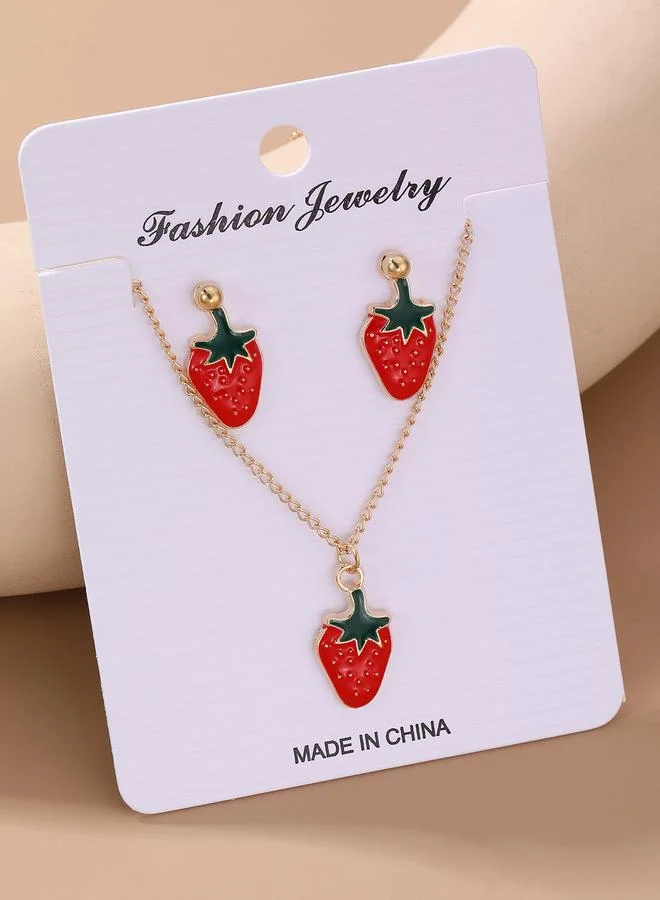 Girls Red Strawberry Charm Necklace and Earrings Set