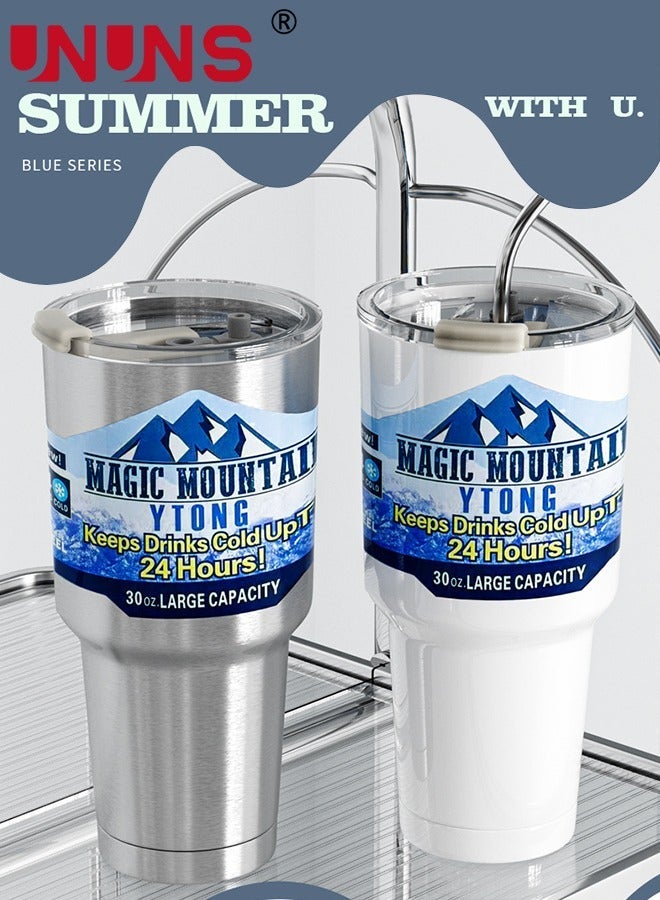 UNUNS Stainless Steel Coffee Mug,30.5 oz Tumbler with Lids and Straws, Double Wall Insulated Cup,Stainless Leak-proof Thermal Powder Coated Travel Mug for Cold Hot Beverages,Silver - Image 2