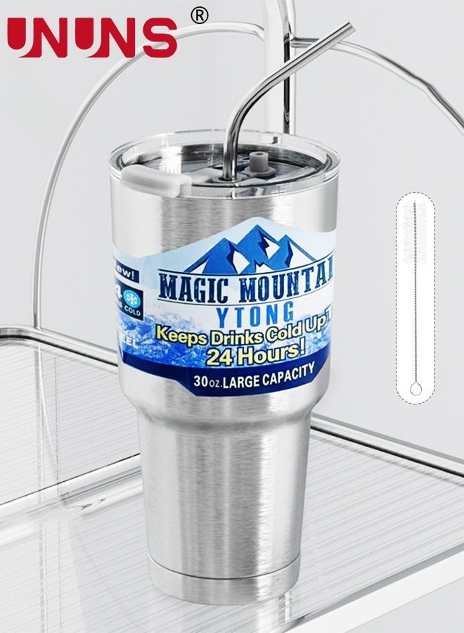 UNUNS Stainless Steel Coffee Mug,30.5 oz Tumbler with Lids and Straws, Double Wall Insulated Cup,Stainless Leak-proof Thermal Powder Coated Travel Mug for Cold Hot Beverages,Silver - Image 1