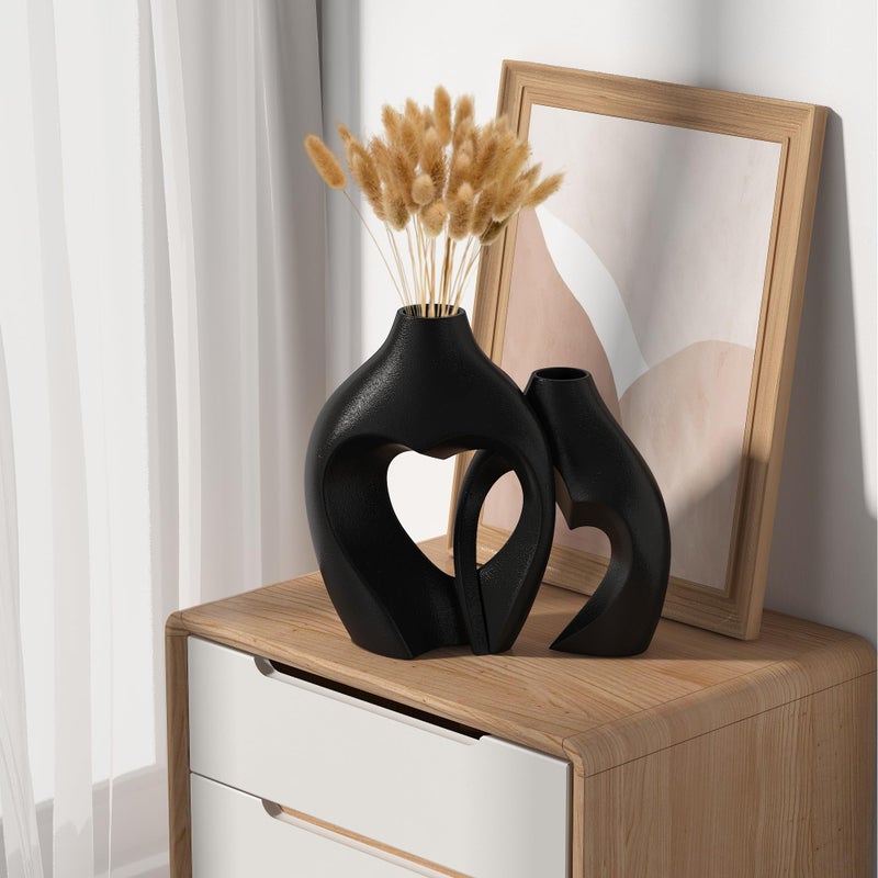 Zormon Black Vases for Decor, Heart Shaped Ceramic Vase Set of 2, Nordic Heart Shaped Vases, Minimalist Decorative Vase for Table Centerpiece Wedding Dining Living Room Office House Decoration - Image 5