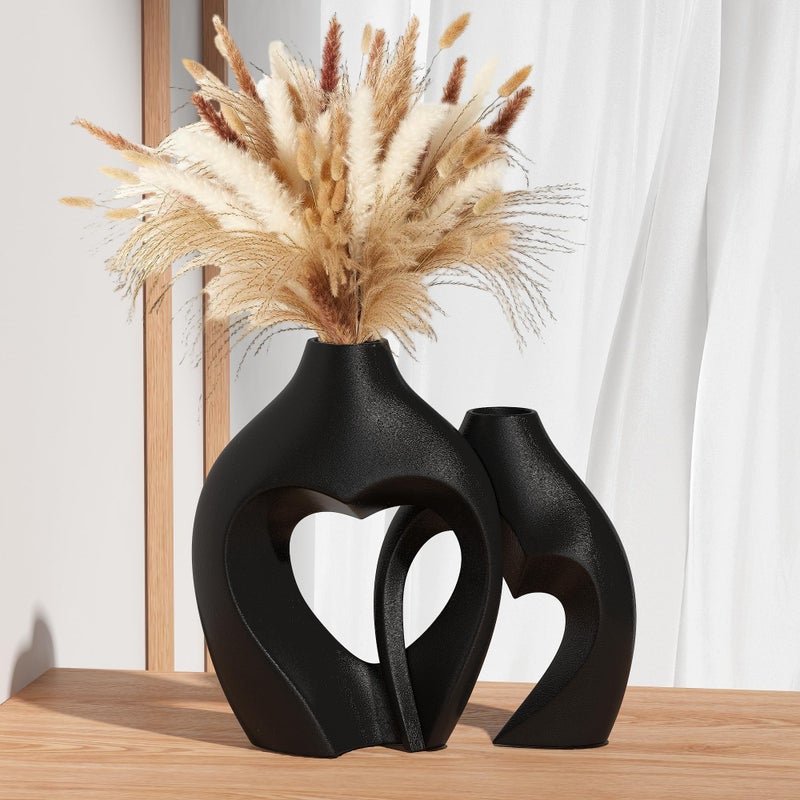 Zormon Black Vases for Decor, Heart Shaped Ceramic Vase Set of 2, Nordic Heart Shaped Vases, Minimalist Decorative Vase for Table Centerpiece Wedding Dining Living Room Office House Decoration - Image 1