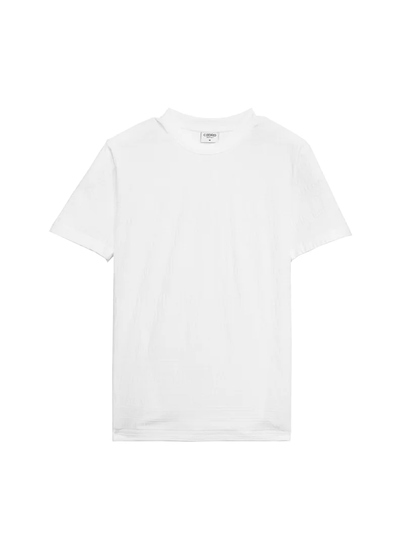 Cedro CEDRO Men's Regular Fit Cotton Rich Jacquard Textured Crew Neck T-Shirt, White