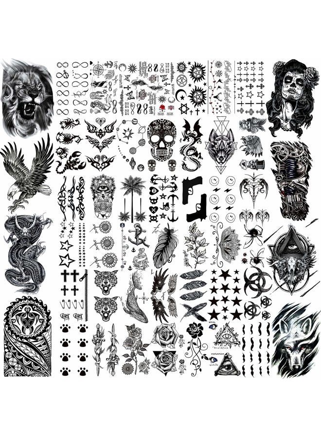 VANTATY 50 Sheets Black Temporary Tattoos For Men Adults Ealge Dragon Lion Wolf Animals For Women Neck Arm Thigh, Fake Small Skull Tattoo Sticker For Kids Children Boys Girls Tatoos - Image 1