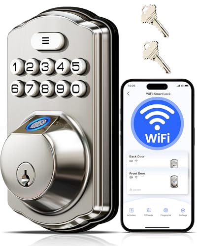 Veise VE012W Builtin WiFi Fingerprint Smart Lock App Remote Control Compatible with Alexa Google Assistant Keyless Entry for Front Door Digital Keypad Deadbolt Auto Lock Satin Nickel - Image 1